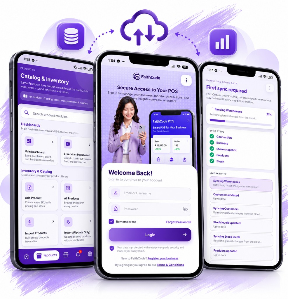 FaithCode mobile app catalog, login, and cloud sync
